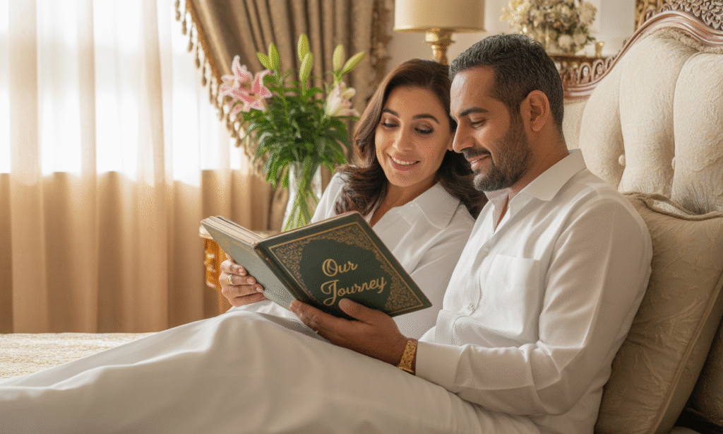 Married couple reliving memories together, looking at photo albums