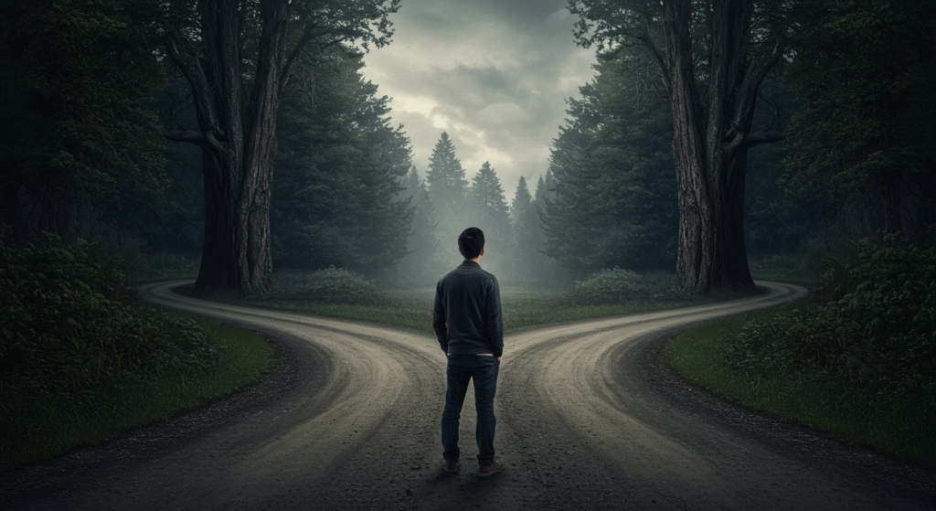 A person standing at a crossroads, unsure which way to go.