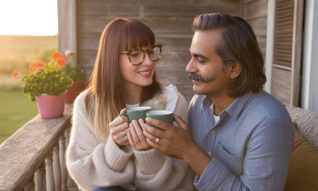 Husband and wife sharing coffee in the morning, smiling and connecting quietly