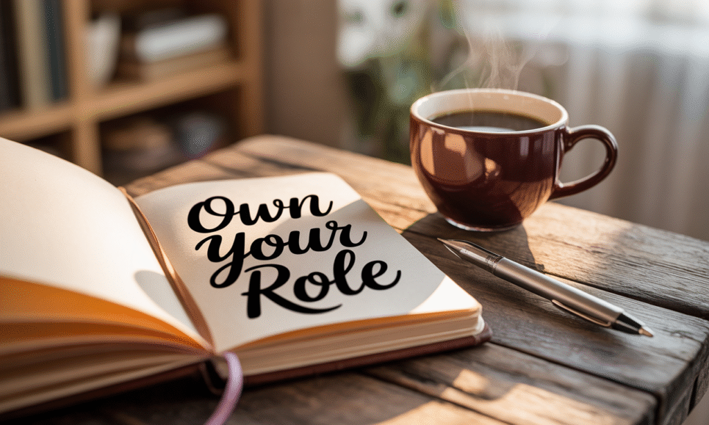 Open journal on a table with a note reading ‘Own Your Role,’ encouraging self-reflection and personal responsibility in marriage
