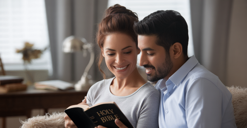 Married couple reading Scripture together, nurturing spiritual intimacy.