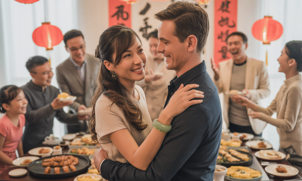 Husband and wife showing unity and support at a family event.