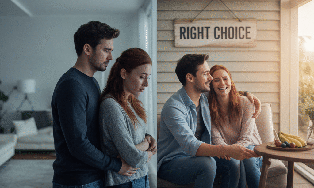 Side-by-side images showing a couple in conflict and in joyful connection, symbolizing the impact of personal responsibility.