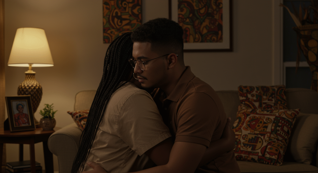 Emotionally supportive spouse embracing their partner during a vulnerable moment.