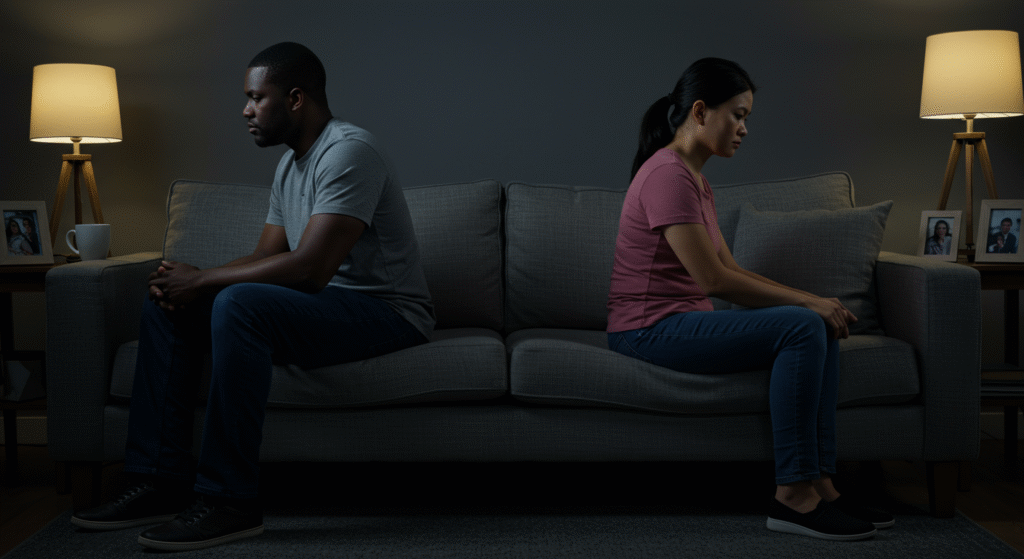 Married couple experiencing emotional distance, sitting apart in silence.