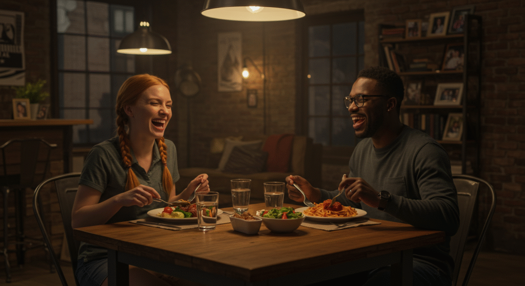 Married couple laughing together at home, enjoying a joyful dinner