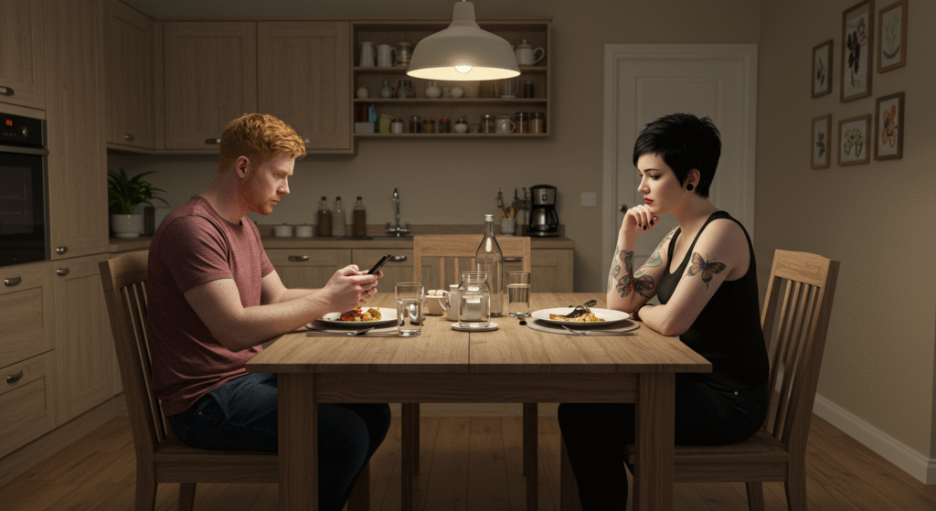 Married couple eating in silence, one distracted by their phone, missing emotional connection.