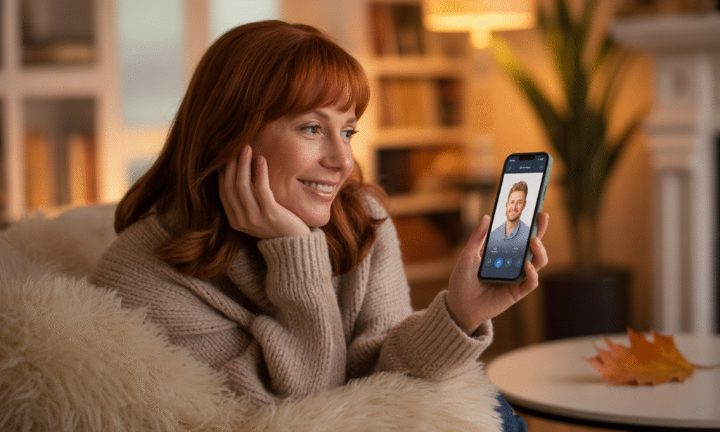 Spouse smiling while looking at a picture of their husband or wife on a phone, reflecting quiet love.