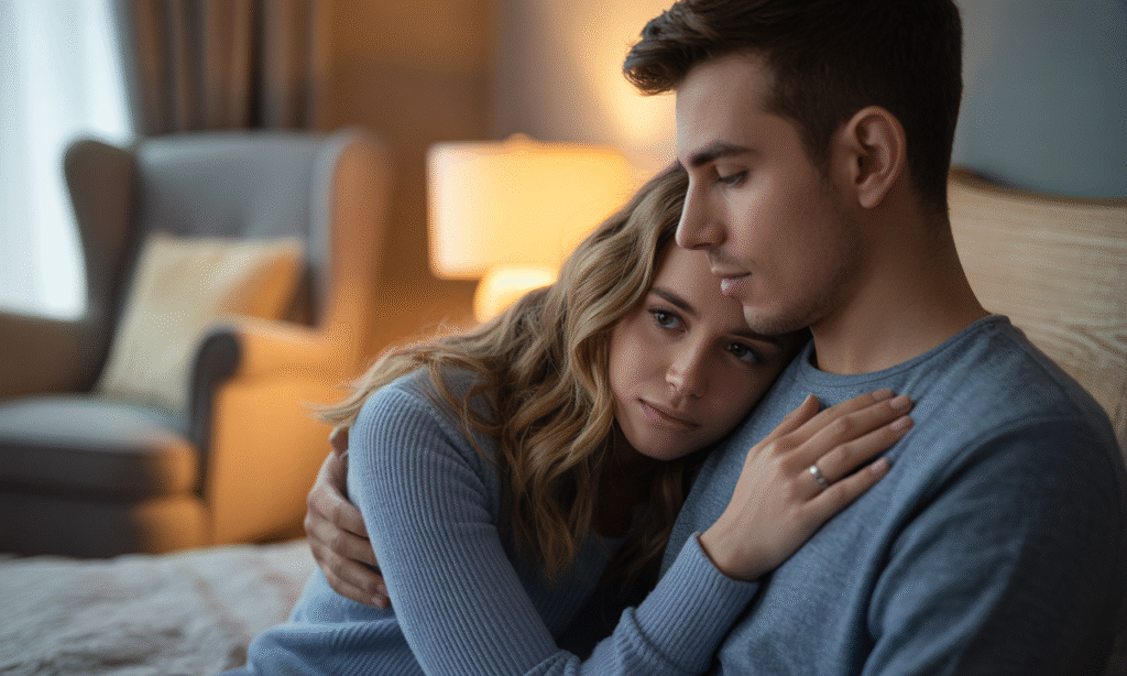 Spouse gently holding their partner during an emotional moment, offering peace and compassion.