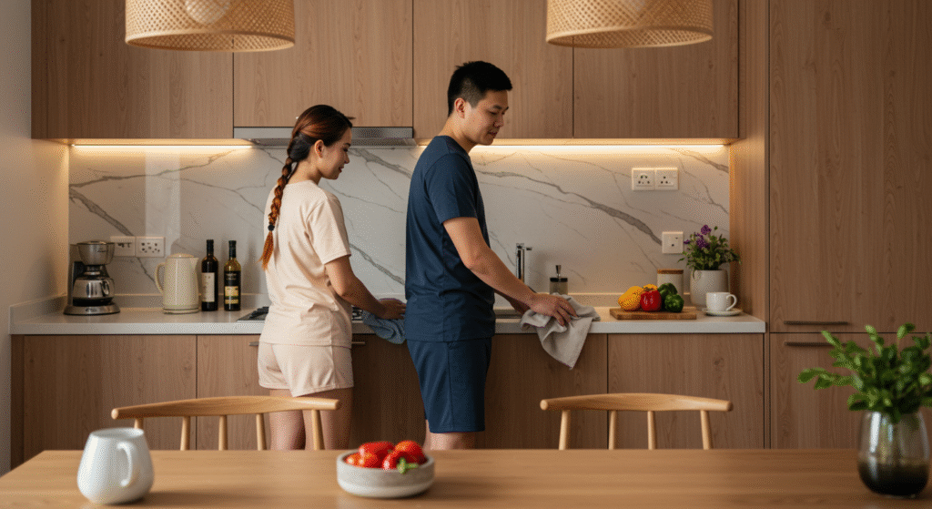 Married partners working side by side, practicing teamwork and connection.