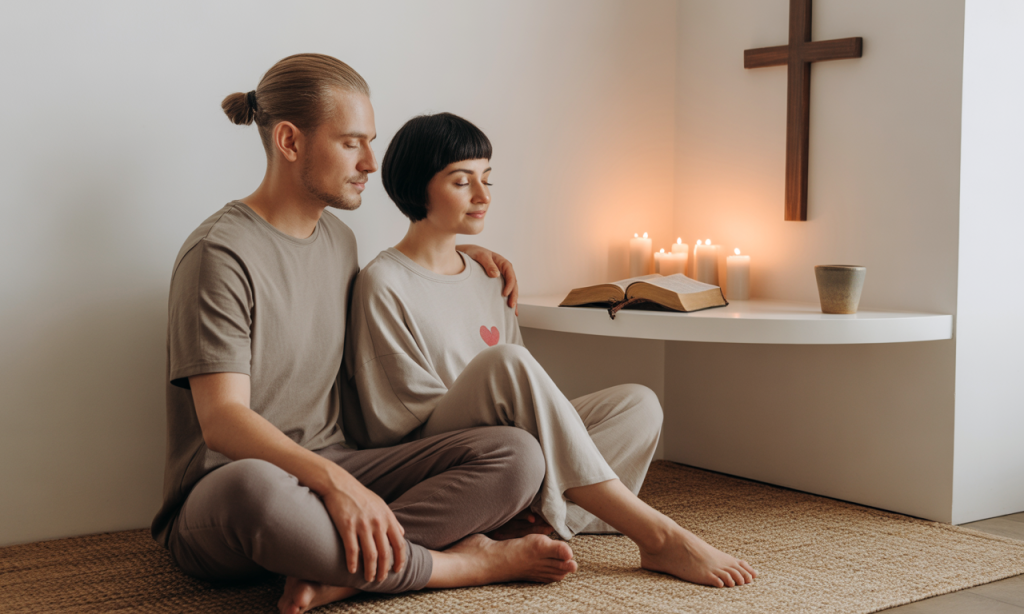 Husband and wife praying together, symbolizing their commitment to protecting their marriage.