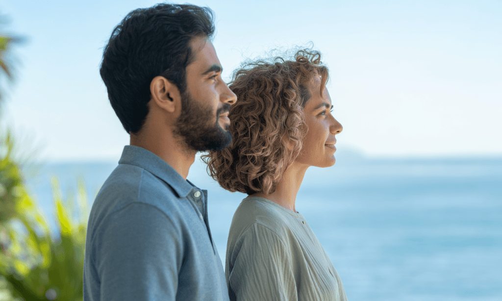 Christian couple standing united facing forward as a model of a United Front in marriage.