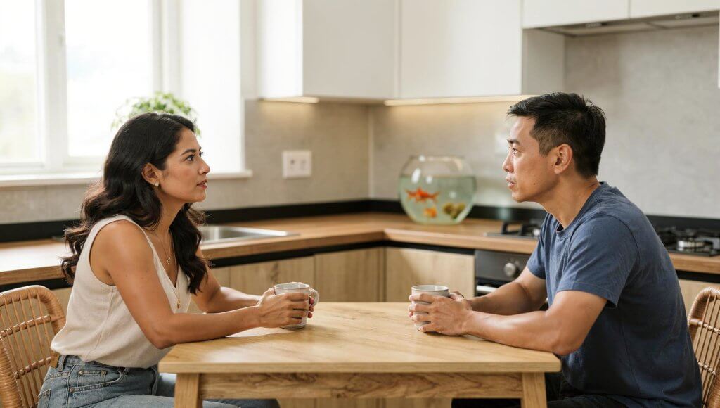 Christian husband and wife having honest conversation about loyalty conflicts in marriage.