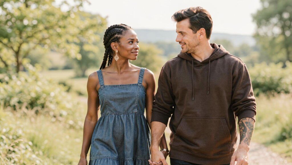 Cross-cultural Christian couple walking together illustrating how interracial marriages navigate family loyalty.